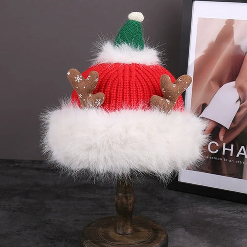 Heavyweight Solid Color Knit Christmas Hat with 3D Antlers