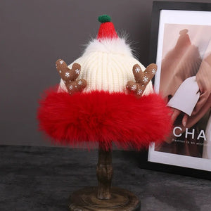 Heavyweight Solid Color Knit Christmas Hat with 3D Antlers