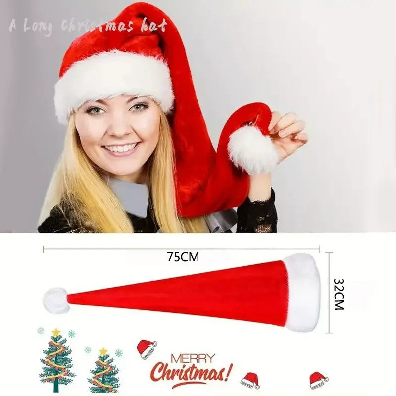 Red Long Haired Christmas Hat Headwear with White Pom-poms