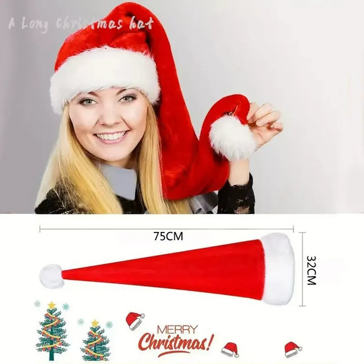 Red Long Haired Christmas Hat Headwear with White Pom-poms