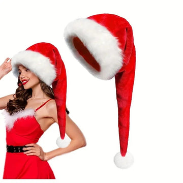 Red Long Haired Christmas Hat Headwear with White Pom-poms