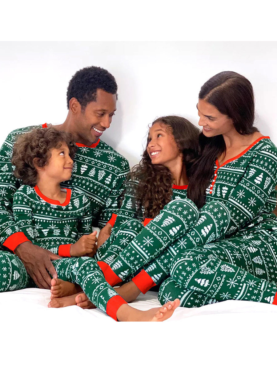 Crew Neck Cotton Christmas Pajamas Family Matching Set With Christmas Tree Print