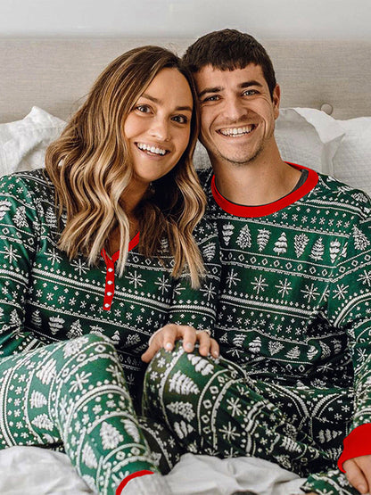 Crew Neck Cotton Christmas Pajamas Family Matching Set With Christmas Tree Print