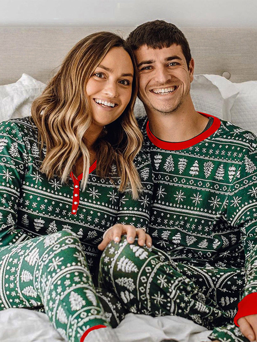 Crew Neck Cotton Christmas Pajamas Family Matching Set With Christmas Tree Print
