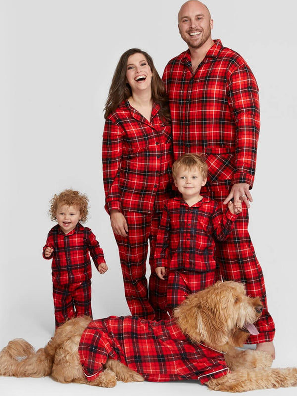 Lapel Collar Button-Front Black Red Plaid Print Christmas Pajamas Family Set