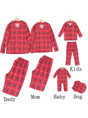 Lapel Collar Button-Front Black Red Plaid Print Christmas Pajamas Family Set