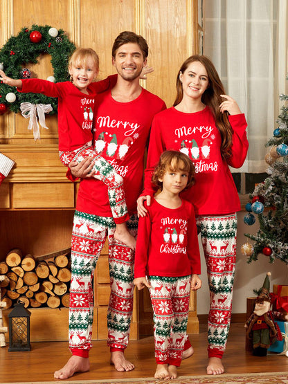 Cotton Crew Neck Family Christmas Pajama Set with Reindeer Print