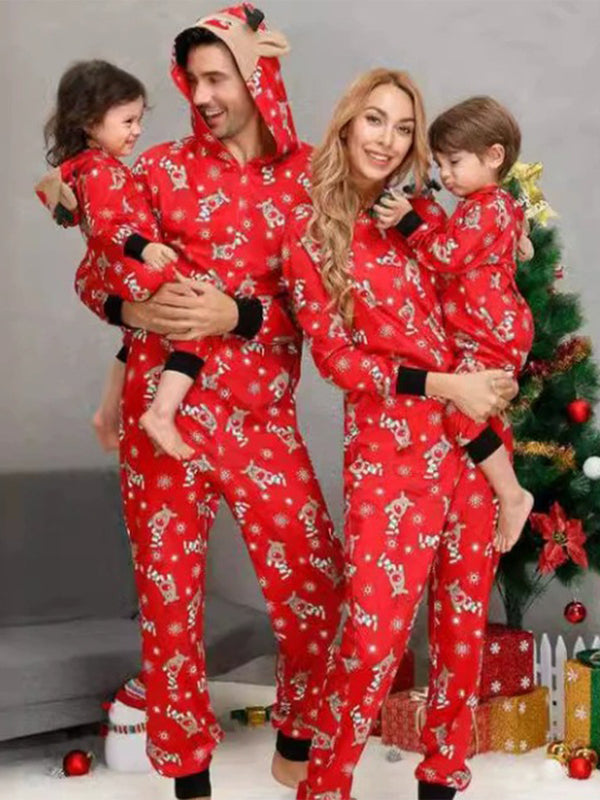 Red Print Christmas Pajamas Family Set with 3D Reindeer Hood