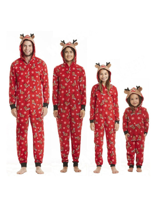 Red Print Christmas Pajamas Family Set with 3D Reindeer Hood