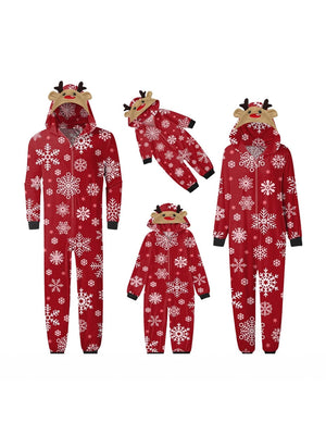 Red Print Christmas Pajamas Family Set with 3D Reindeer Hood