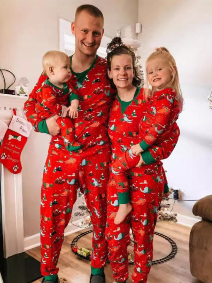 Red Crew Neck Cotton Christmas Pajamas Family Set