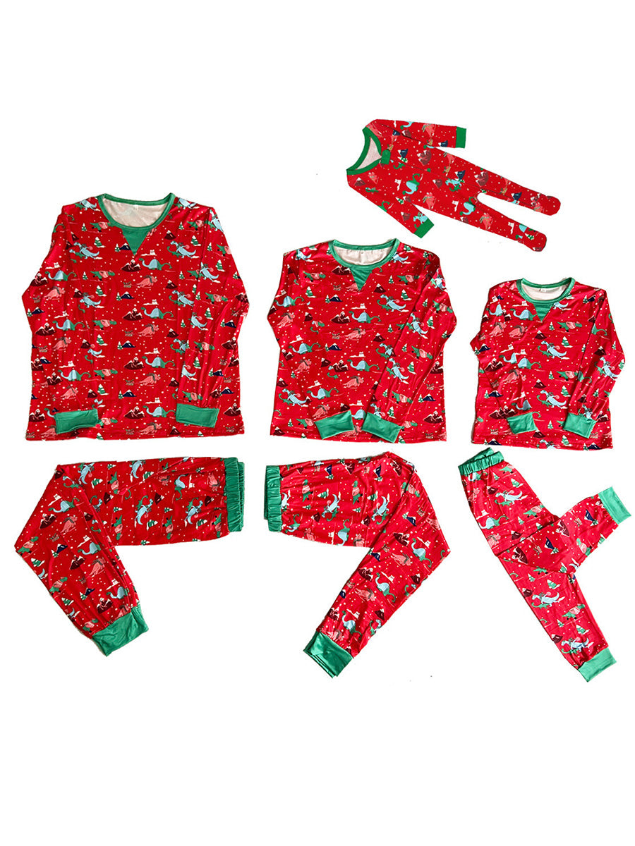 Red Crew Neck Cotton Christmas Pajamas Family Set
