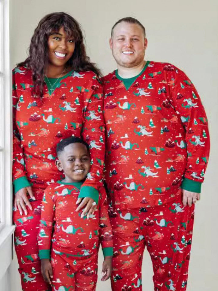 Red Crew Neck Cotton Christmas Pajamas Family Set