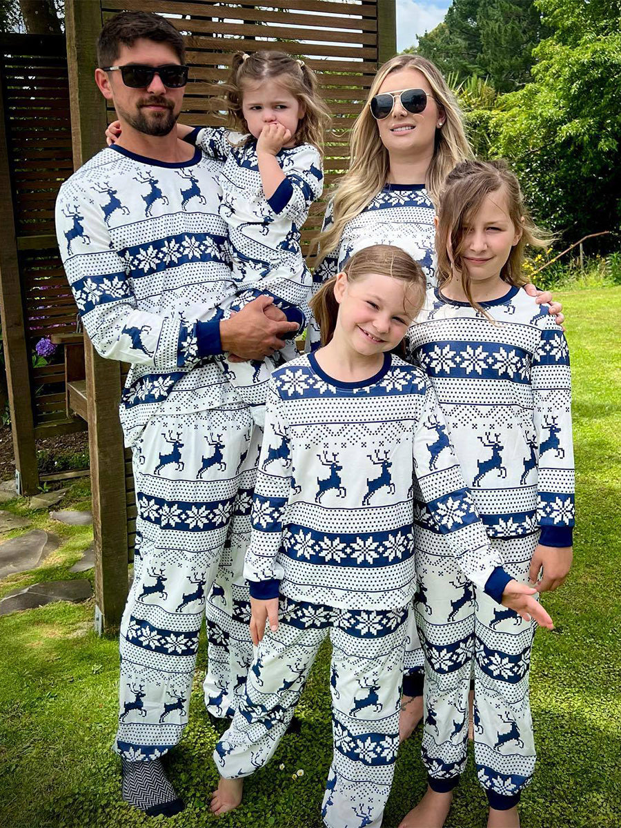 Family Cotton Crew Neck Christmas Pajama Set in White with Blue Print