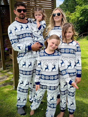 Family Cotton Crew Neck Christmas Pajama Set in White with Blue Print
