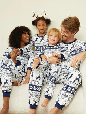 Family Cotton Crew Neck Christmas Pajama Set in White with Blue Print