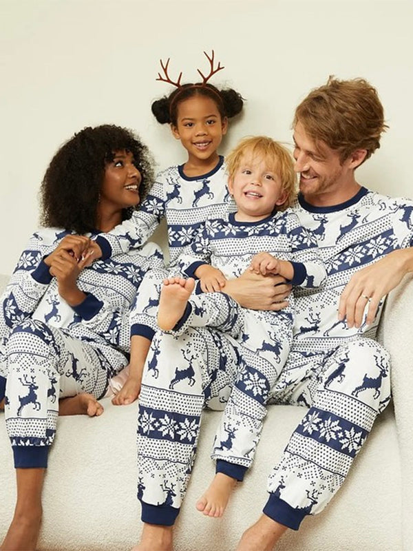 Family Cotton Crew Neck Christmas Pajama Set in White with Blue Print