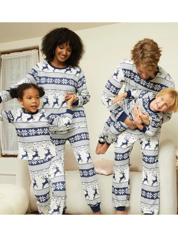 Family Cotton Crew Neck Christmas Pajama Set in White with Blue Print