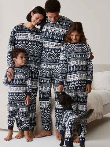 Crew Neck Matching Family Christmas Pajama Set With Blue Print