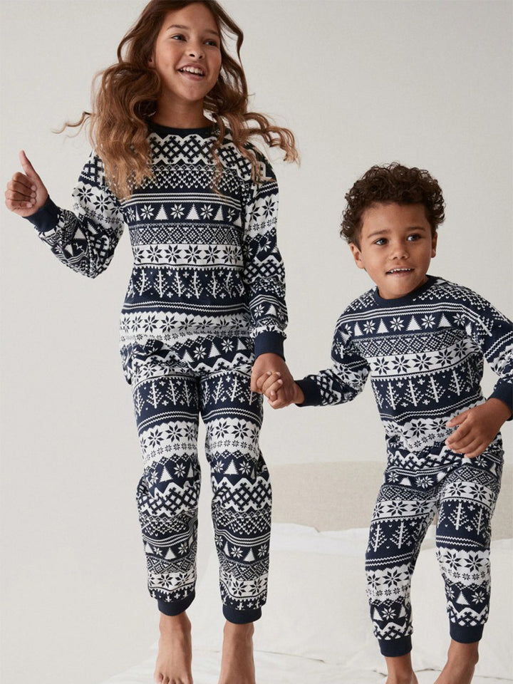 Crew Neck Matching Family Christmas Pajama Set With Blue Print