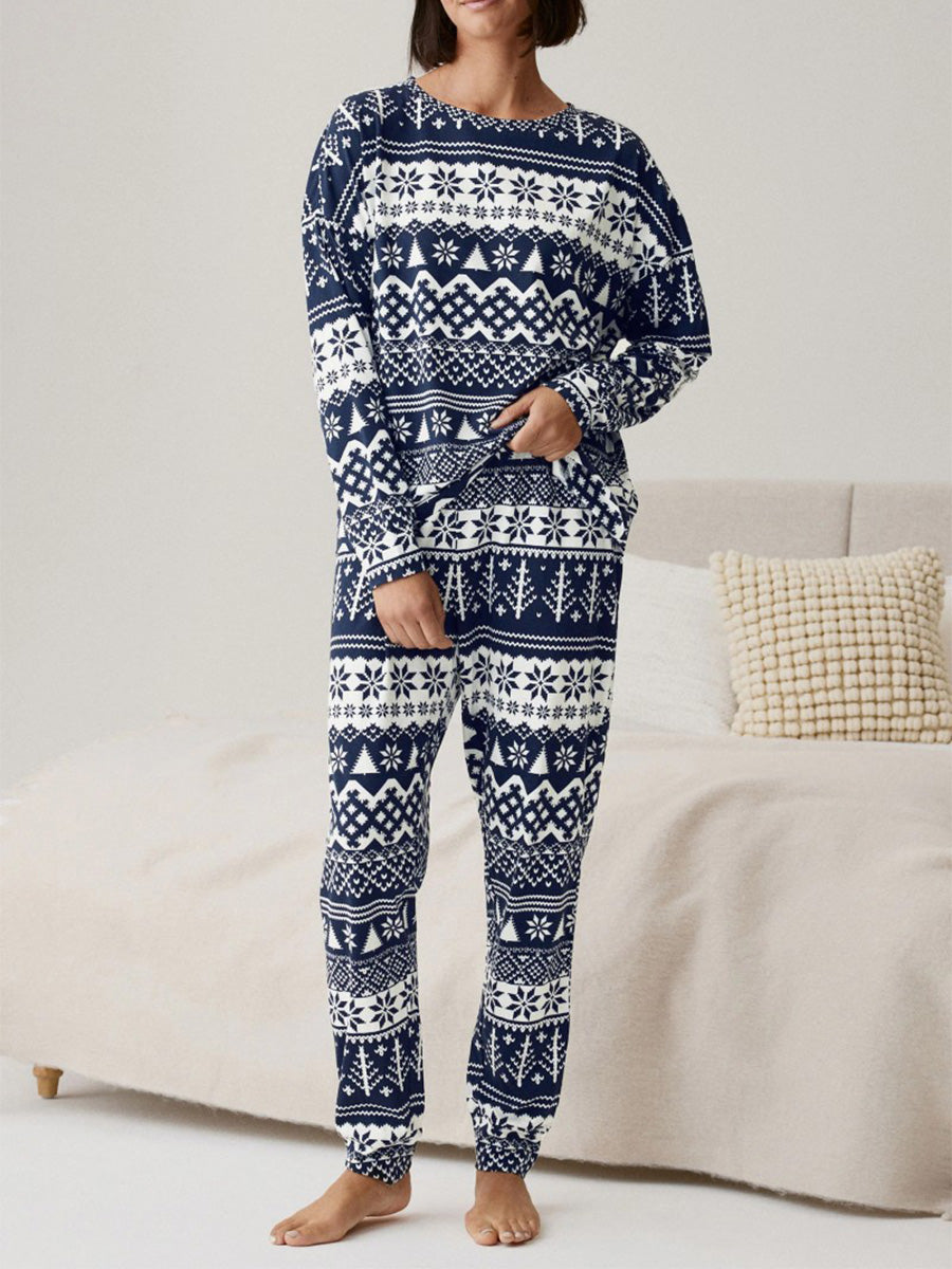 Crew Neck Matching Family Christmas Pajama Set With Blue Print