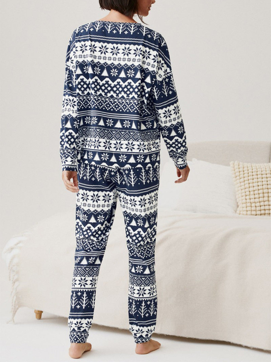 Crew Neck Matching Family Christmas Pajama Set With Blue Print