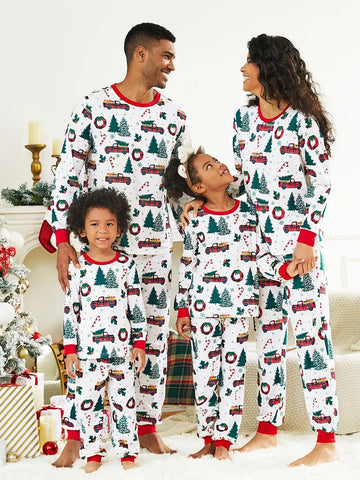 Crew Neck Christmas Pajama Matching Family Set With Christmas Tree Print