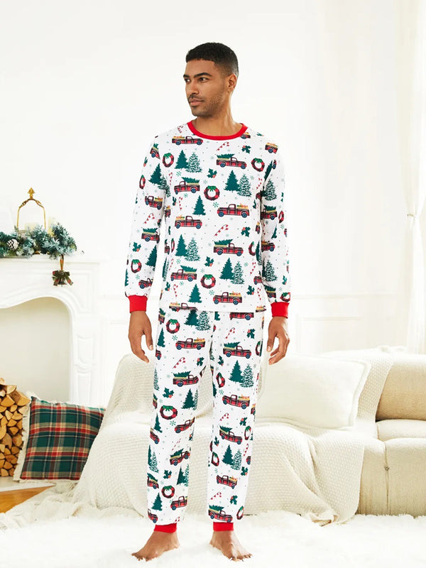 Crew Neck Christmas Pajama Matching Family Set With Christmas Tree Print