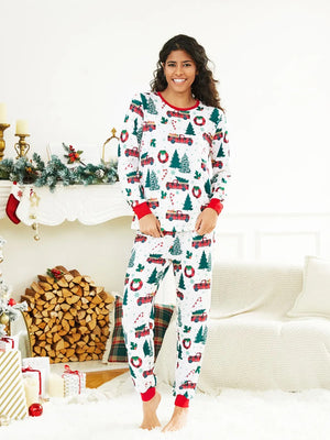 Crew Neck Christmas Pajama Matching Family Set With Christmas Tree Print
