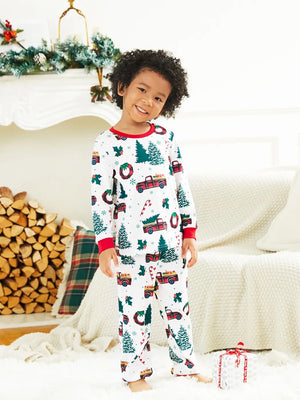 Crew Neck Christmas Pajama Matching Family Set With Christmas Tree Print