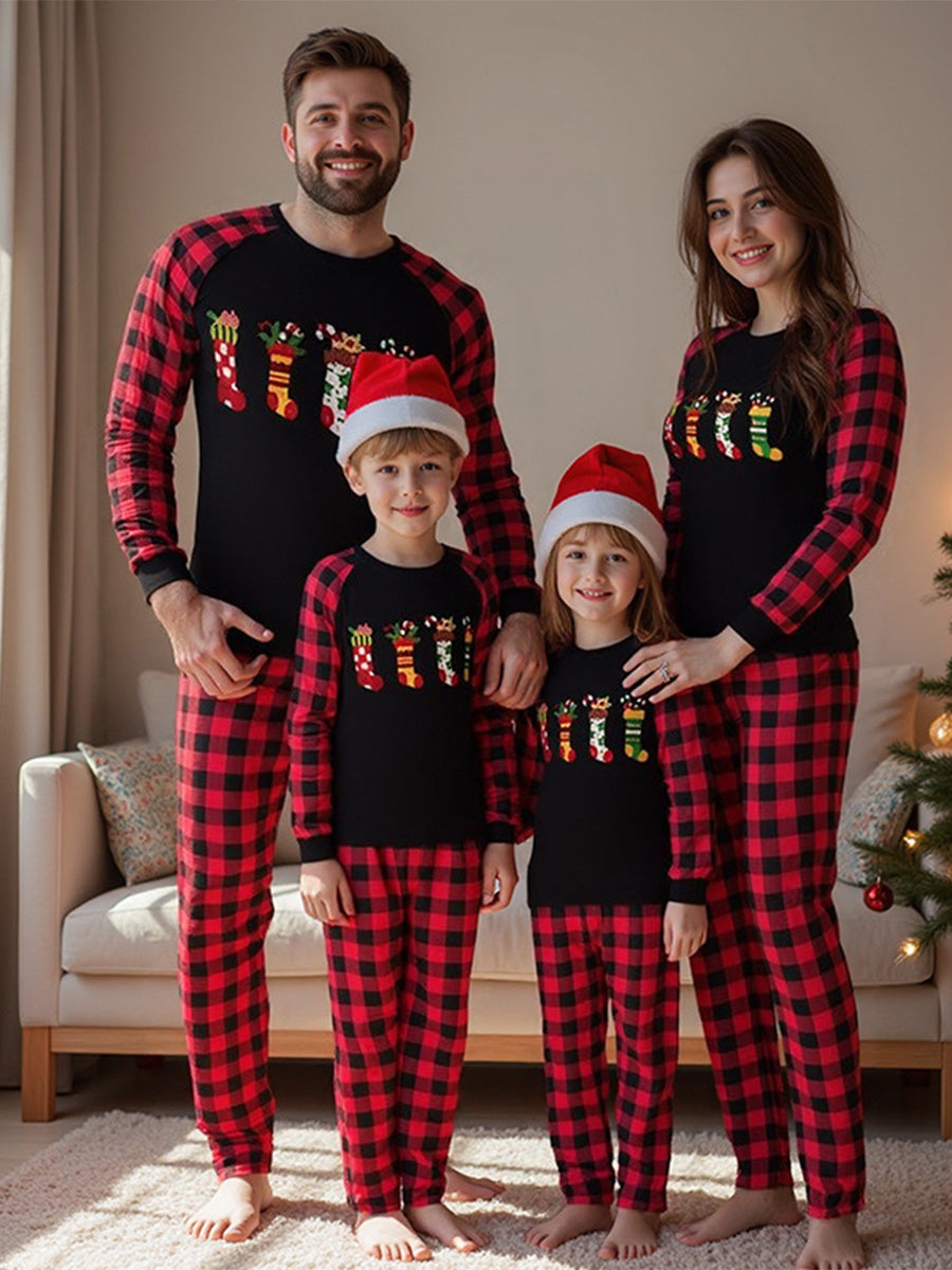 Crew Neck Red Black Plaid Christmas  Pajamas Family Set With Christmas Sock Print