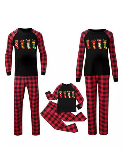 Crew Neck Red Black Plaid Christmas  Pajamas Family Set With Christmas Sock Print