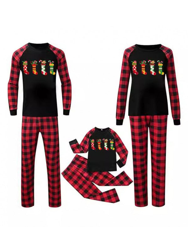Crew Neck Red Black Plaid Christmas  Pajamas Family Set With Christmas Sock Print