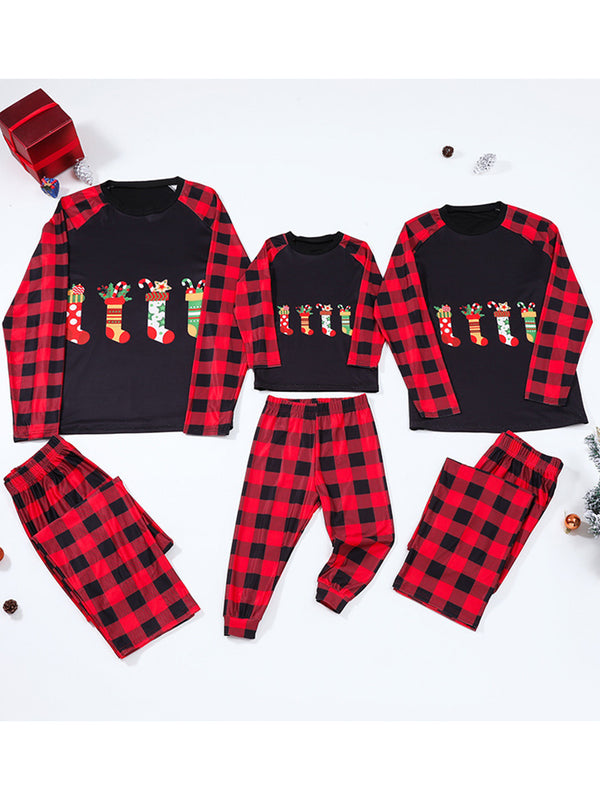 Crew Neck Red Black Plaid Christmas  Pajamas Family Set With Christmas Sock Print