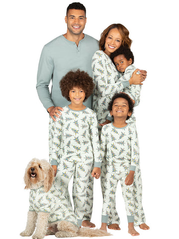 Family Cotton Crew Neck Christmas Pajama Set in White with Christmas Print