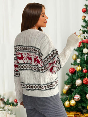 Knitted Pullover Crewneck Rib Knit Reindeer Jacquard Christmas Sweater