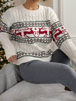 Knitted Pullover Crewneck Rib Knit Reindeer Jacquard Christmas Sweater