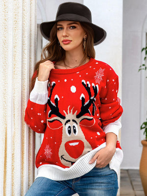 Knitted Pullover Crewneck Rib Knit Reindeer Jacquard Christmas Sweater
