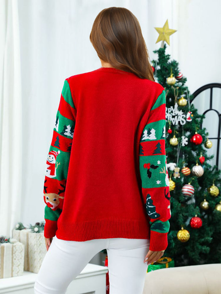 Knitted Pullover Crewneck Rib Knit Reindeer Jacquard Christmas Sweater With Scarf