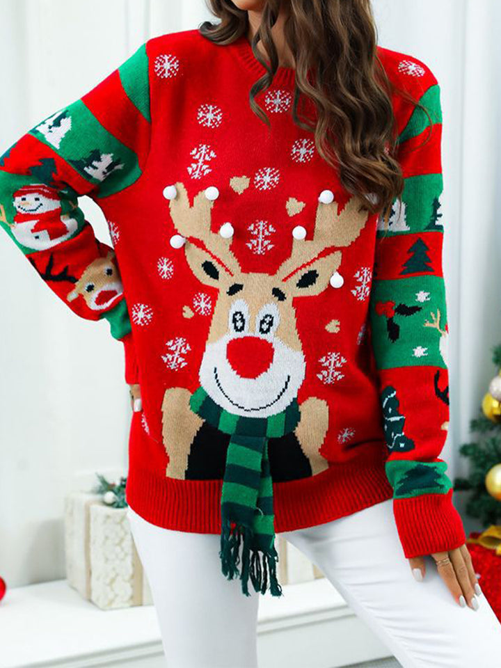 Knitted Pullover Crewneck Rib Knit Reindeer Jacquard Christmas Sweater With Scarf