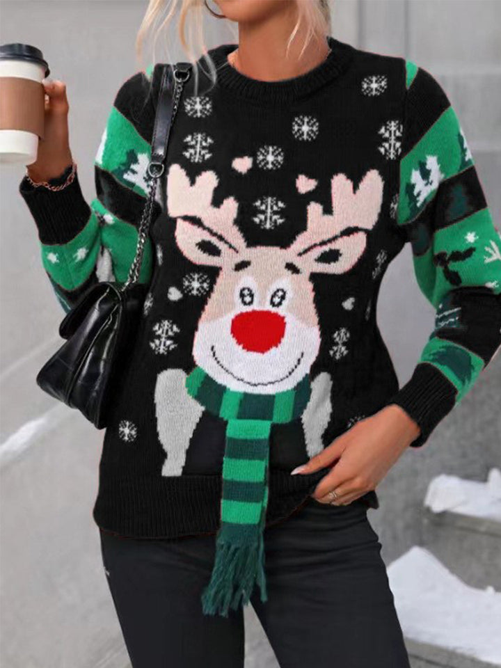 Knitted Pullover Crewneck Rib Knit Reindeer Jacquard Christmas Sweater With Scarf