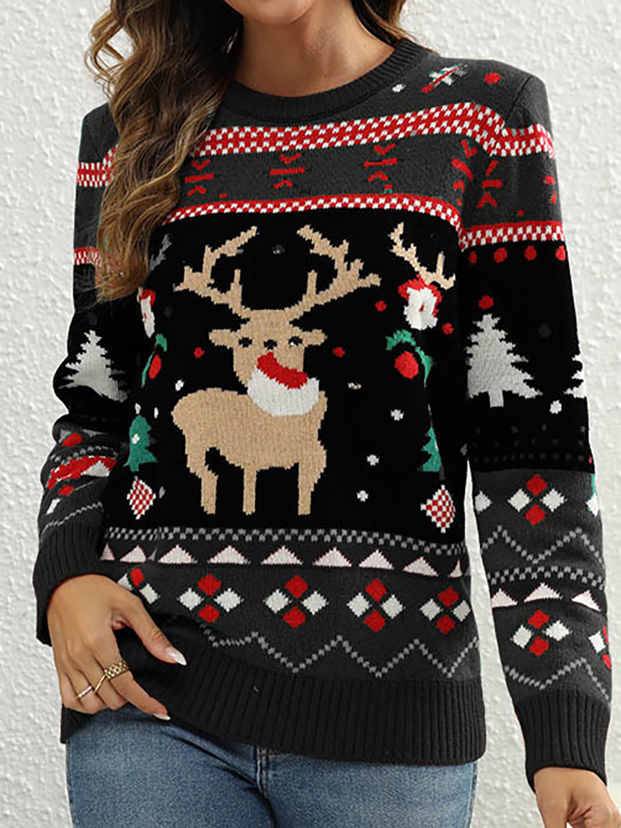 Knitted Pullover Crewneck Rib Knit Reindeer Jacquard Christmas Sweater