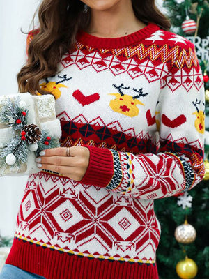 Pullover Crewneck Rib Knit Snowflake Color-Blocked Christmas Sweater