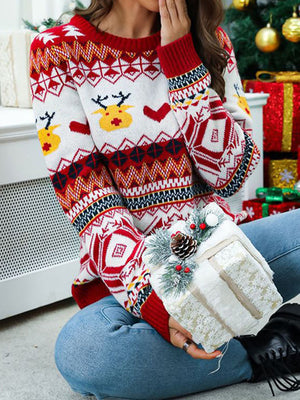 Pullover Crewneck Rib Knit Snowflake Color-Blocked Christmas Sweater