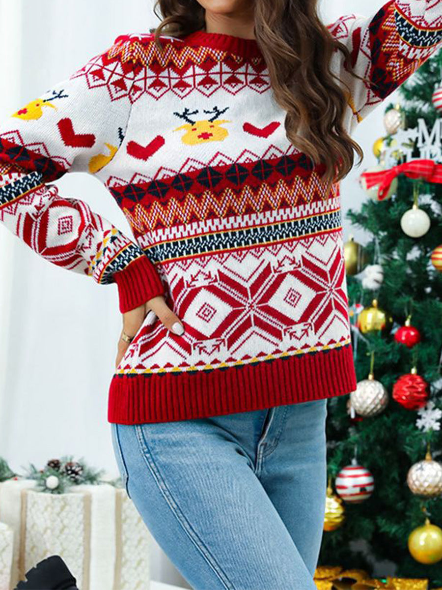 Pullover Crewneck Rib Knit Snowflake Color-Blocked Christmas Sweater
