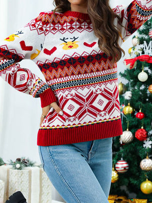 Pullover Crewneck Rib Knit Snowflake Color-Blocked Christmas Sweater