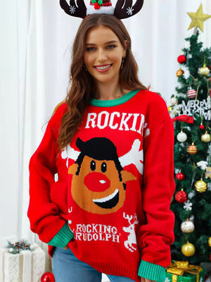 Crewneck Pullover Rib Knit Cartoon Jacquard Christmas Sweater