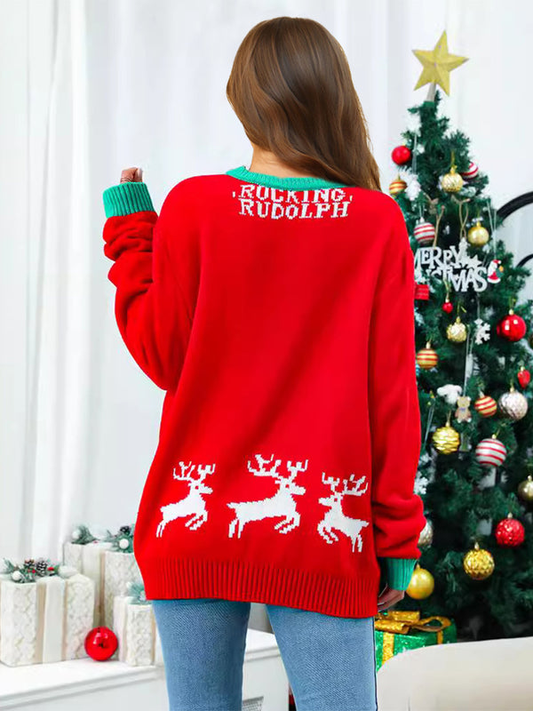 Crewneck Pullover Rib Knit Cartoon Jacquard Christmas Sweater