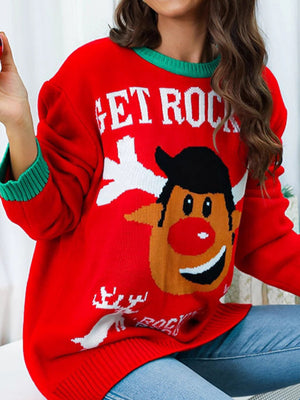 Crewneck Pullover Rib Knit Cartoon Jacquard Christmas Sweater
