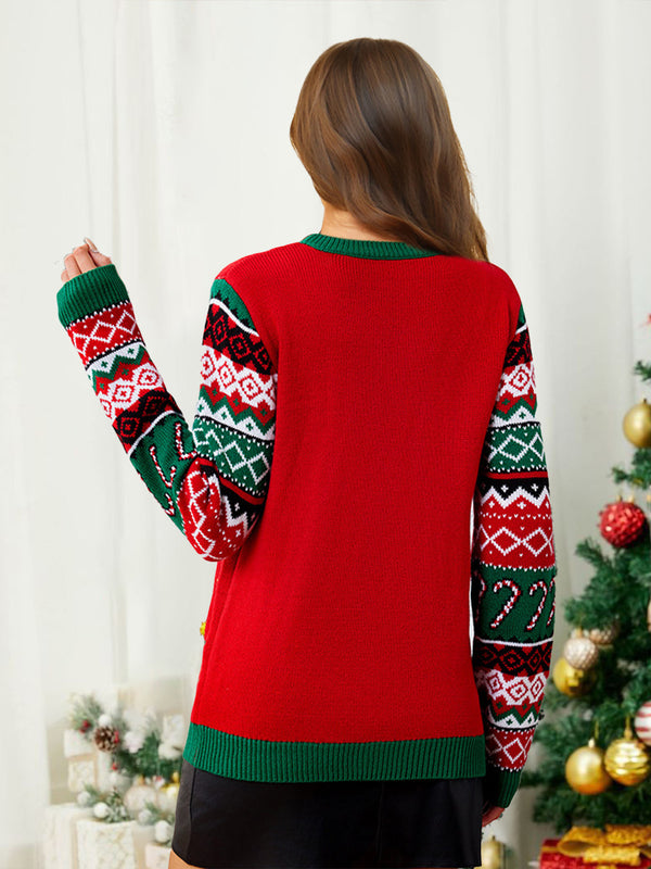 Crewneck Pullover Christmas Sweater with Allover Cat Jacquard Pattern